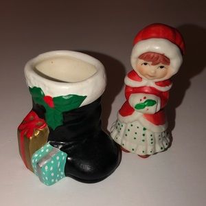 VTG Christmas Unglazed Porcelain Holly Hobbie Figurine & Mini Ceramic Santa Boot
